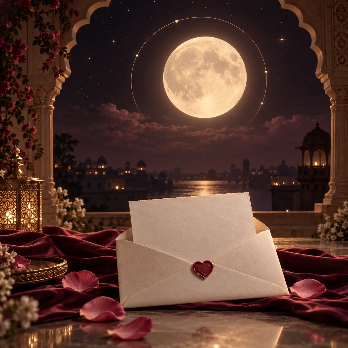 An illustrative moonlit setting with a letter and rose petals